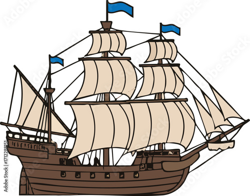 Vintage galleon sailing on the open sea with white sails and blue flags, evoking a sense of adventure and historical exploration.