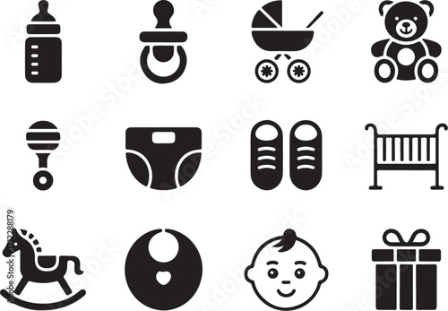 Baby essentials icons for nursery and care