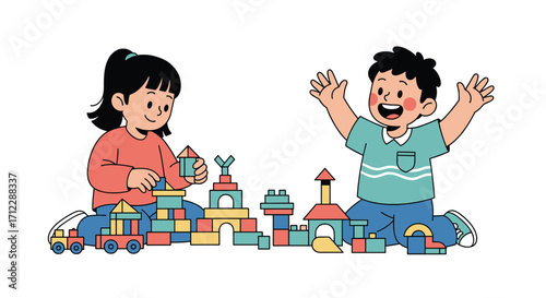 Two happy children playing with colorful building blocks together.