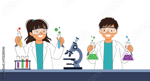 Two young scientists conduct chemical experiments with enthusiasm.