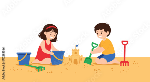 Two children happily build a sandcastle on a sunny beach day.