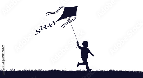A child runs across a field flying a kite.