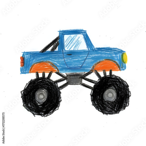 Kids drawing crayon toy Monster Track car on a white background