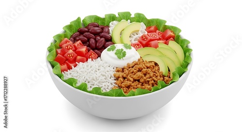 Fresh and delicious taco salad bowl overflowing with healthy ingredients.