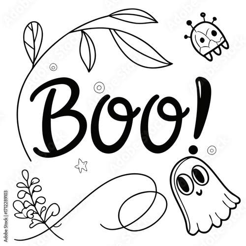 whimsical line art drawing with the word "Boo!" and decorative elements like ghost,smiling monster,and plants. Ideal for websites or blogs about Halloween,children's activities,or seasonal crafts