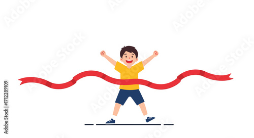 Happy child crossing finish line with arms raised in victory.