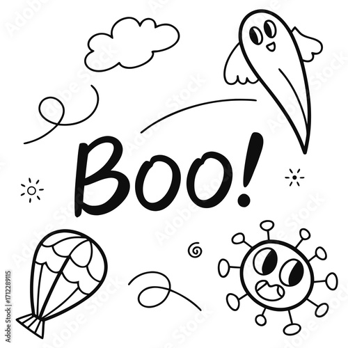 whimsical line art drawing with the word "Boo!" and decorative elements like ghost,smiling monster,and plants. Ideal for websites or blogs about Halloween,children's activities,or seasonal crafts