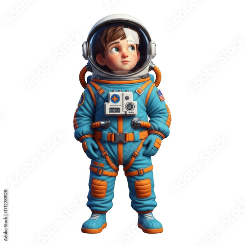 Child astronaut standing ready for outer space exploration and adventure