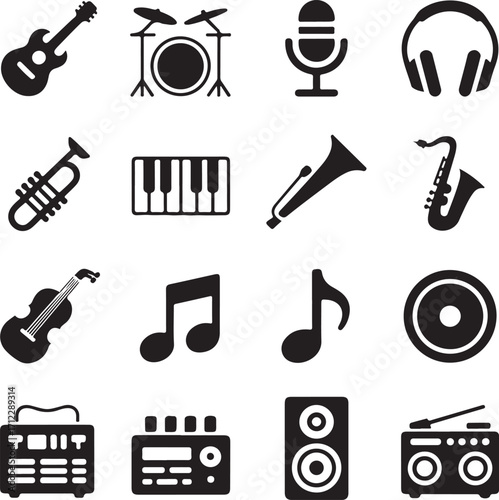 Music icons: guitar, drums, mic, headphones, piano, sax