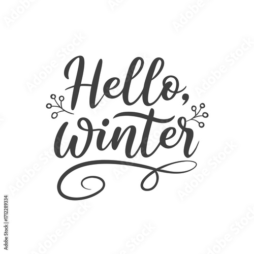hand-drawn,black and white typographic illustration with the phrase "Hello, Winter" and decorative branches for seasonal content, holiday promotions,or winter-themed articles