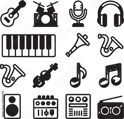 Diverse music instruments and audio icons for creative projects