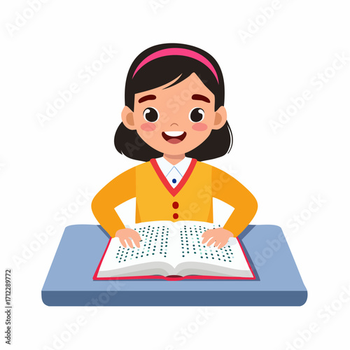 Young Visually Impaired Student Happily Learning and Reading a Braille Book in the Classroom
