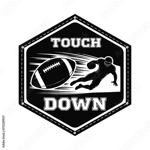 A black and white illustration of an American football player scoring a touchdown with a football.