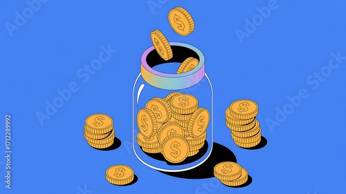 Wallpaper Mural Isometric illustration depicting savings and financial growth with golden coins filling a glass jar on blue background Torontodigital.ca