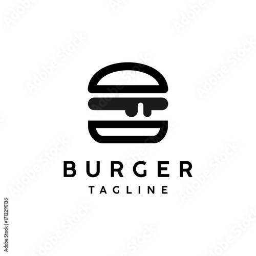 Burger logo design template. Vector hamburger restaurant logotype. Line fast food label illustration. 