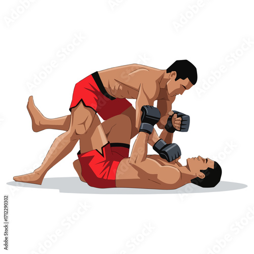Two Mixed Martial Arts Fighters Grappling in Intense Competition.