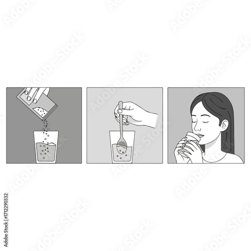 Woman drinking beverage after mixing powder with water in glass.