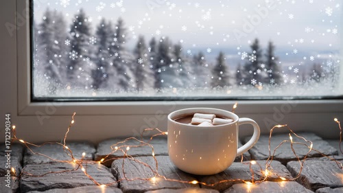 Cozy winter moments with hot chocolate by the snowy window
