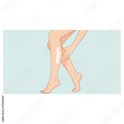 Woman applying a bandage to her leg after injury.