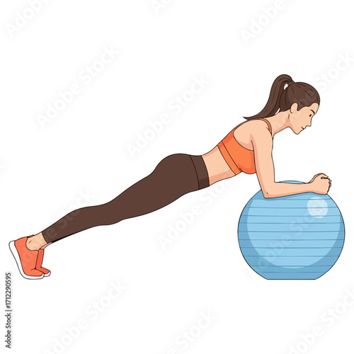 Woman performing plank exercise on a blue fitness ball.