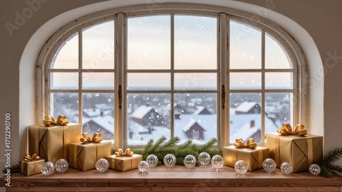 Captivating winter view with gifts and snowflakes falling softly