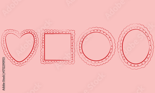 Hand drawn elegant border or frame doodles set. Minimalist line art. Modern red whimsical borders for wedding invitations, birthday card, lunch menus. Vector illustration isolated on pink background.