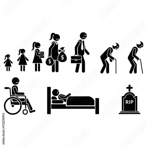 Human life cycle stages from childhood to death, aging process.