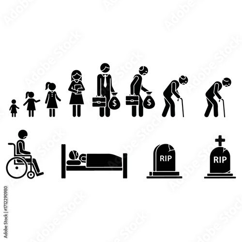 Human life cycle stages from childhood to death.