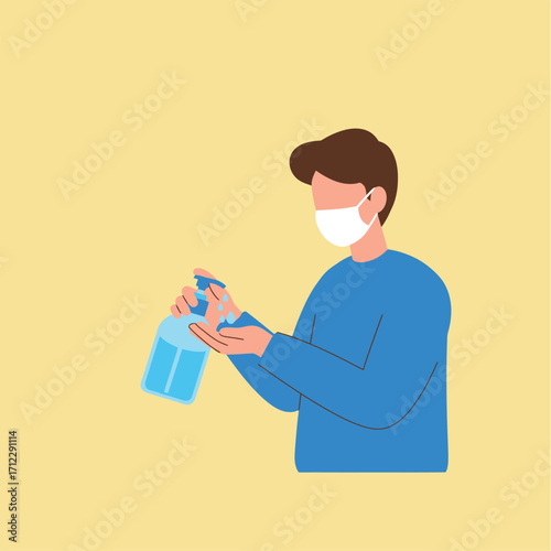 Vector art of person wearing a mask and using hand sanitizer to prevent germ spread