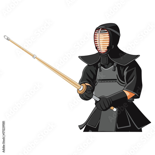 Kendo practitioner in traditional armor holding a bamboo sword.