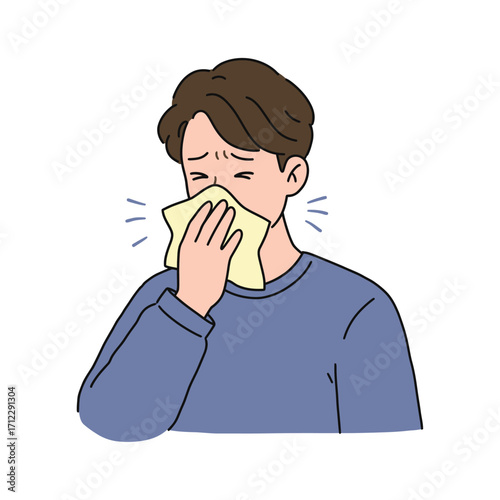 Vector art of a man blowing his nose with a tissue