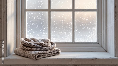 Cozy winter vibes with warm blankets and a snowy view from home