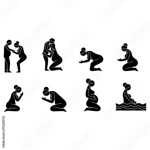 Pregnant women in labor positions, childbirth process.