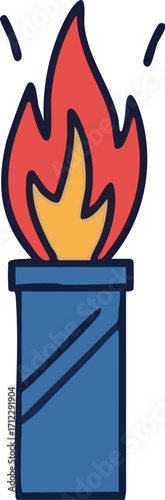 Cartoon flame burns brightly atop a blue metal torch, illuminating the surrounding area with warmth and light, creating a cozy and inviting atmosphere.