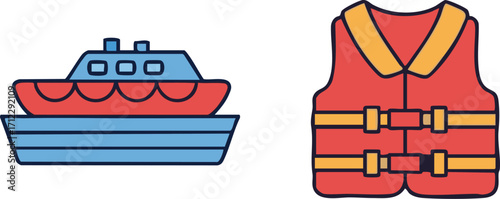 Cartoon boat and life jacket representing safety and travel on the water, showcasing maritime equipment with a cheerful and approachable style.