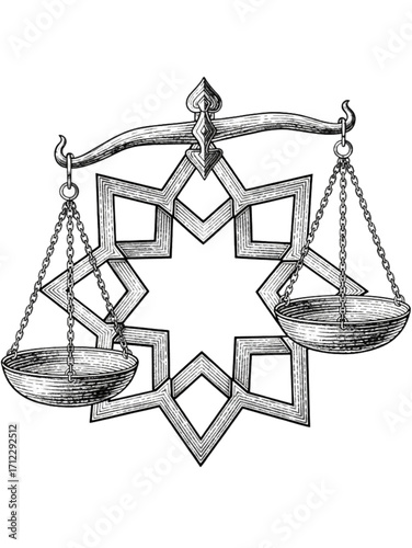 Monochromatic hand-drawn illustration of a classic balance scale intertwined with an ornate eight-pointed star, symbolizing justice, law, fairness, and equilibrium in a timeless, conceptual design