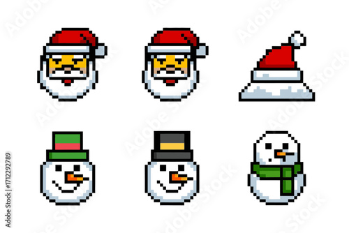 Pixel santa heads collection, santa hat, cheerful snowman faces, retro minimal style, holiday emoji stickers, vector illustration pack