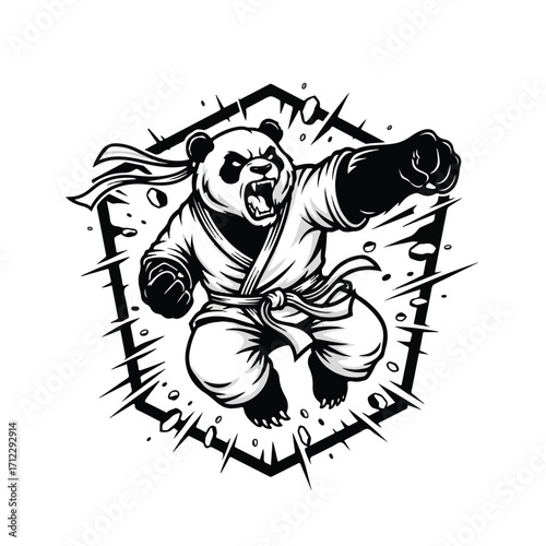 A fierce panda in a karate gi, striking with a powerful punch within a geometric frame.