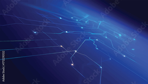 Futuristic global network connection with glowing blue light trails representing digital data streams on a dark background