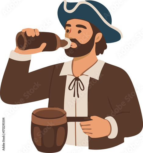 Man in colonial attire drinking from a brown bottle near a wooden mug, depicting historical recreation and traditional beverages.