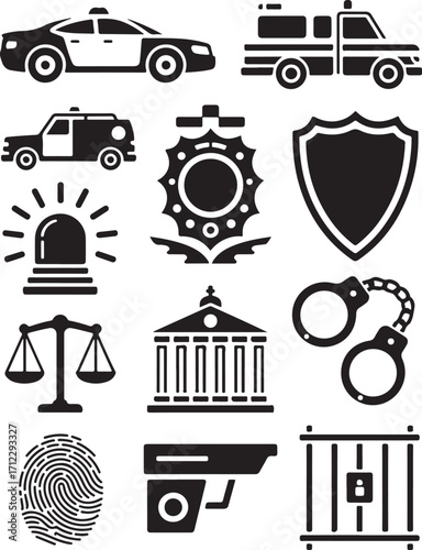 Justice and law enforcement icons for security and legal themes
