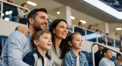 Family at stadium enjoying game looking on, sitting in stands, with children and parents together. Family at stadium during event, excited, shows togetherness in public.