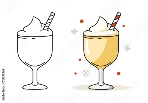 Eggnog, line and color icon. Christmas drink in glass with whipped cream. Vector isolated element on white background