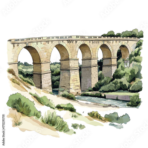 Pont du Gard. Pont du Gard watercolor vector illustration