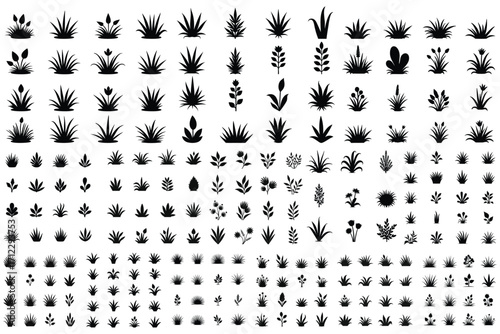 Collection of black plant and grass silhouettes icon
