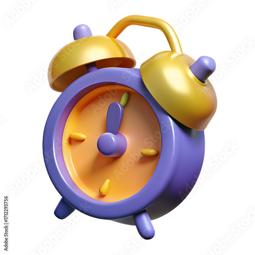 Stylized purple and gold alarm clock 3d render on black background