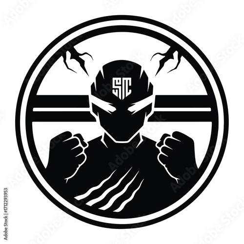 A stylized black and white illustration of a masked figure, ready to fight, within a circular frame.