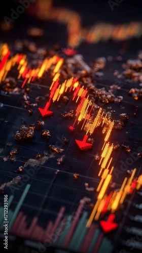 Market Collapse Stock market data visualization with fluctuating trends and arrows indicating movement.