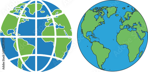 Stylized Vector Illustrations of Earth Globes with Continents, Oceans, and Global Grid