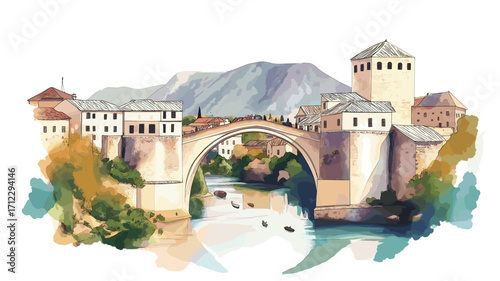 Stari Most. Stari Most watercolor vector illustration